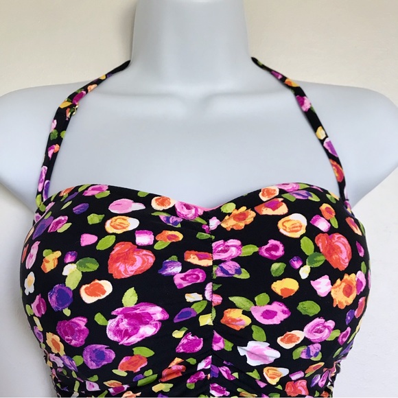 Anne Cole Women’s Floral Shirred Bandeau One-Piece Halter Strap Swimsuit Size 8 - Picture 3 of 13